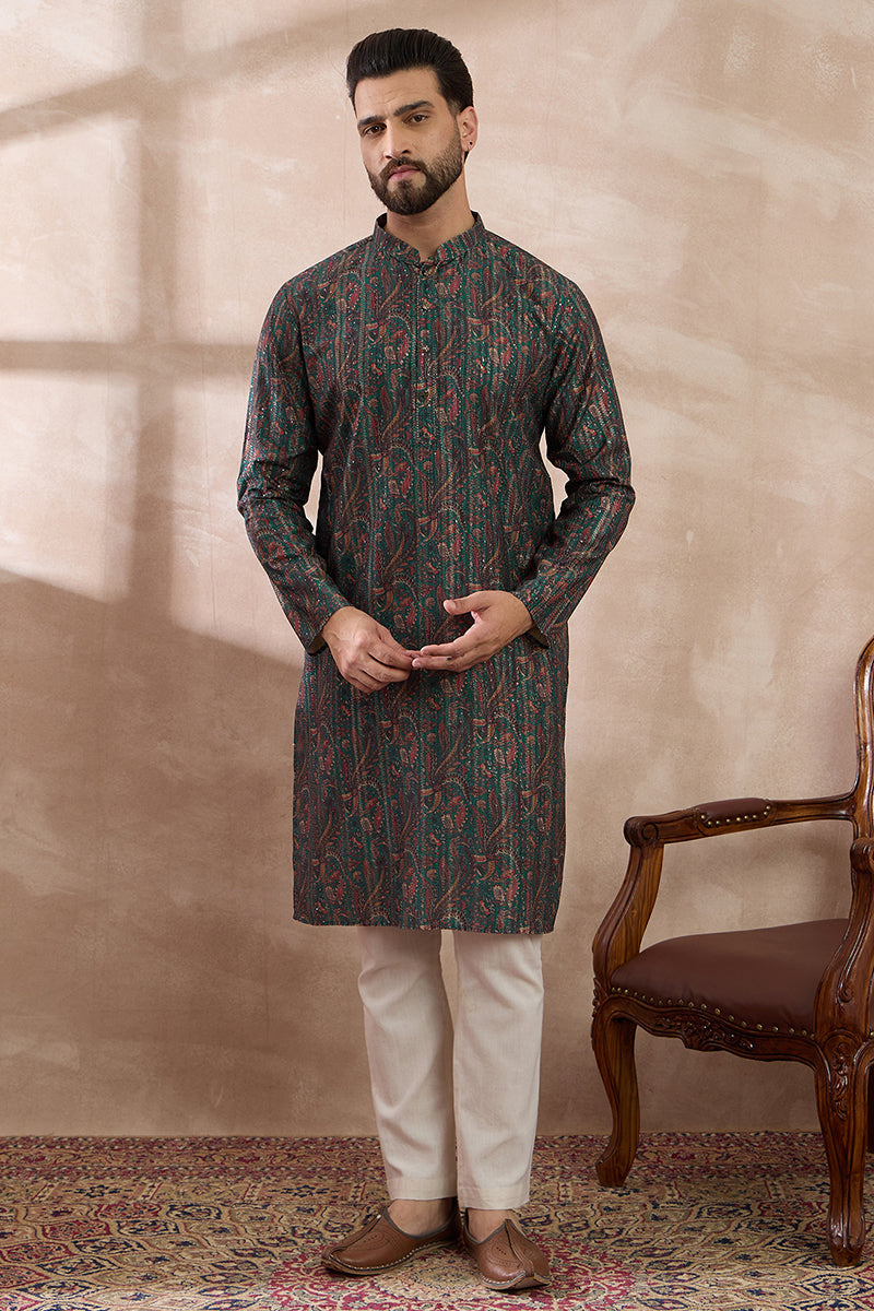 Green Silk Blend Printed Mandarin Collar Straight Kurta With Trouser MKSET2050