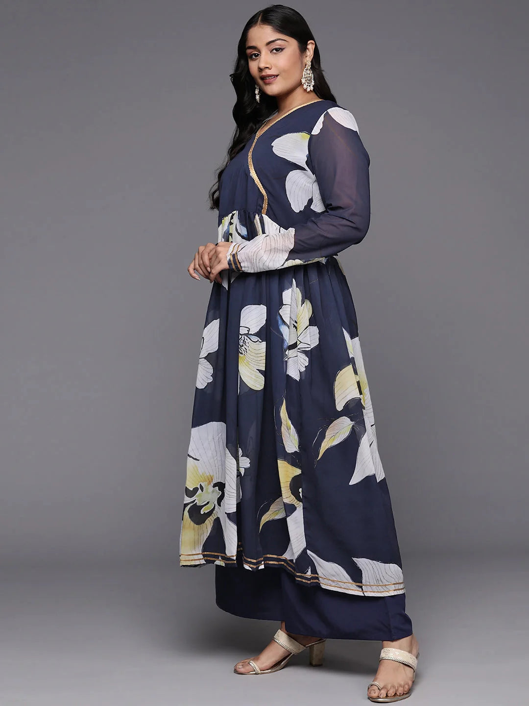 Floral Printed Plus Size Kurta and Palazzo Set | Zari Work