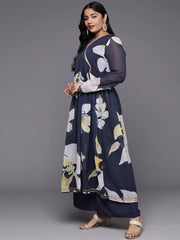 Plus Size Floral Printed Zari Angrakha Kurta with Palazzos-AP-AHKUPZ-COMBO-568