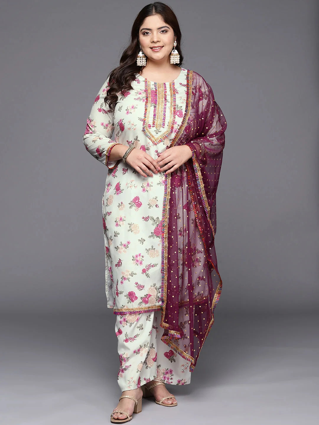 Beige Floral Kurta and Palazzo Set for Plus Size Women