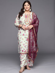 Beige Floral Printed Plus Size Kurta with Palazzos & With Dupatta-AP-AHKUDUPZ-COMBO-358-FF