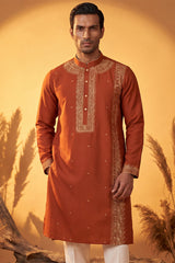 Orange Silk Blend Solid Emboidered Straight Kurta MKU2371