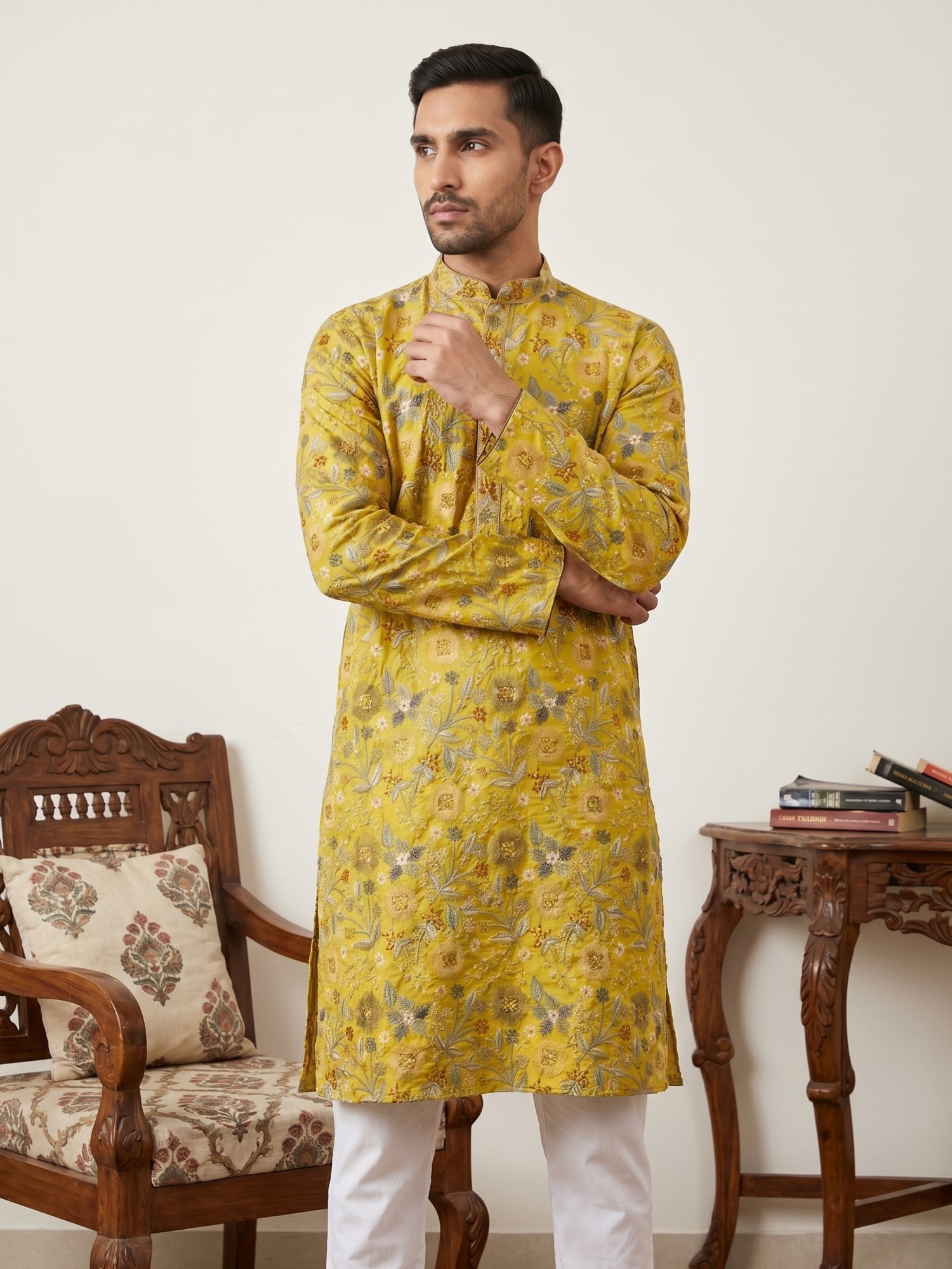 DesiQlo Men Embroidered Kurta Pyjama Set - Yellow - JOKP_P_5227Mustard