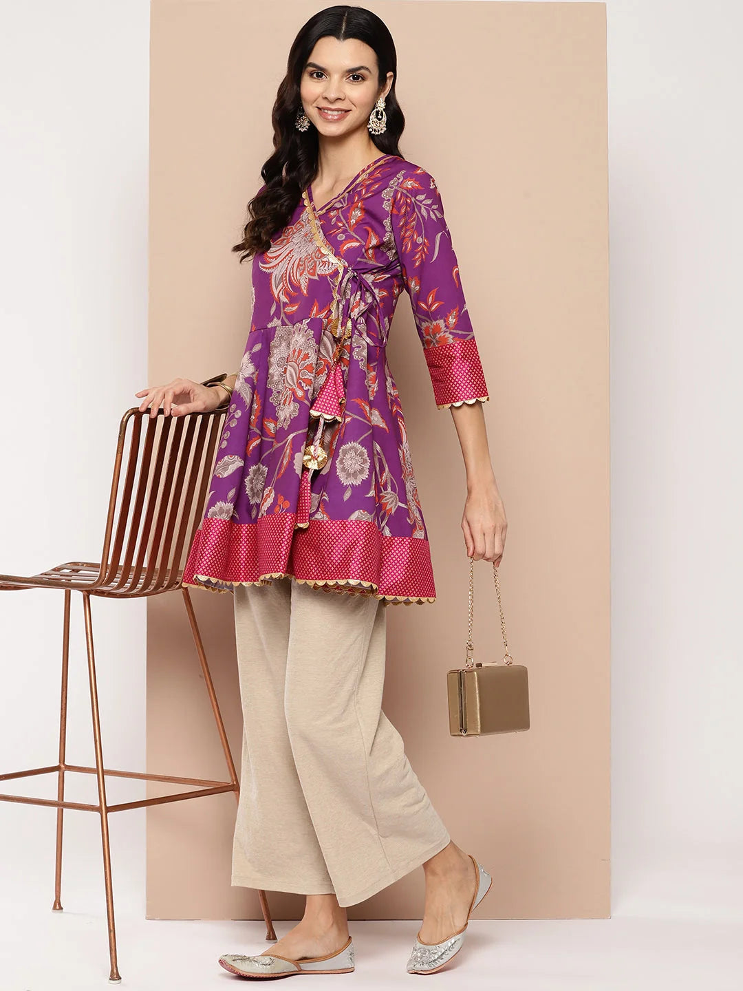 Purple Floral Print Tunic Top - Indian Kurtis Online