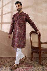 Maroon Silk Blend Printed Mandarin Collar Straight Kurta With Trouser MKSET2024