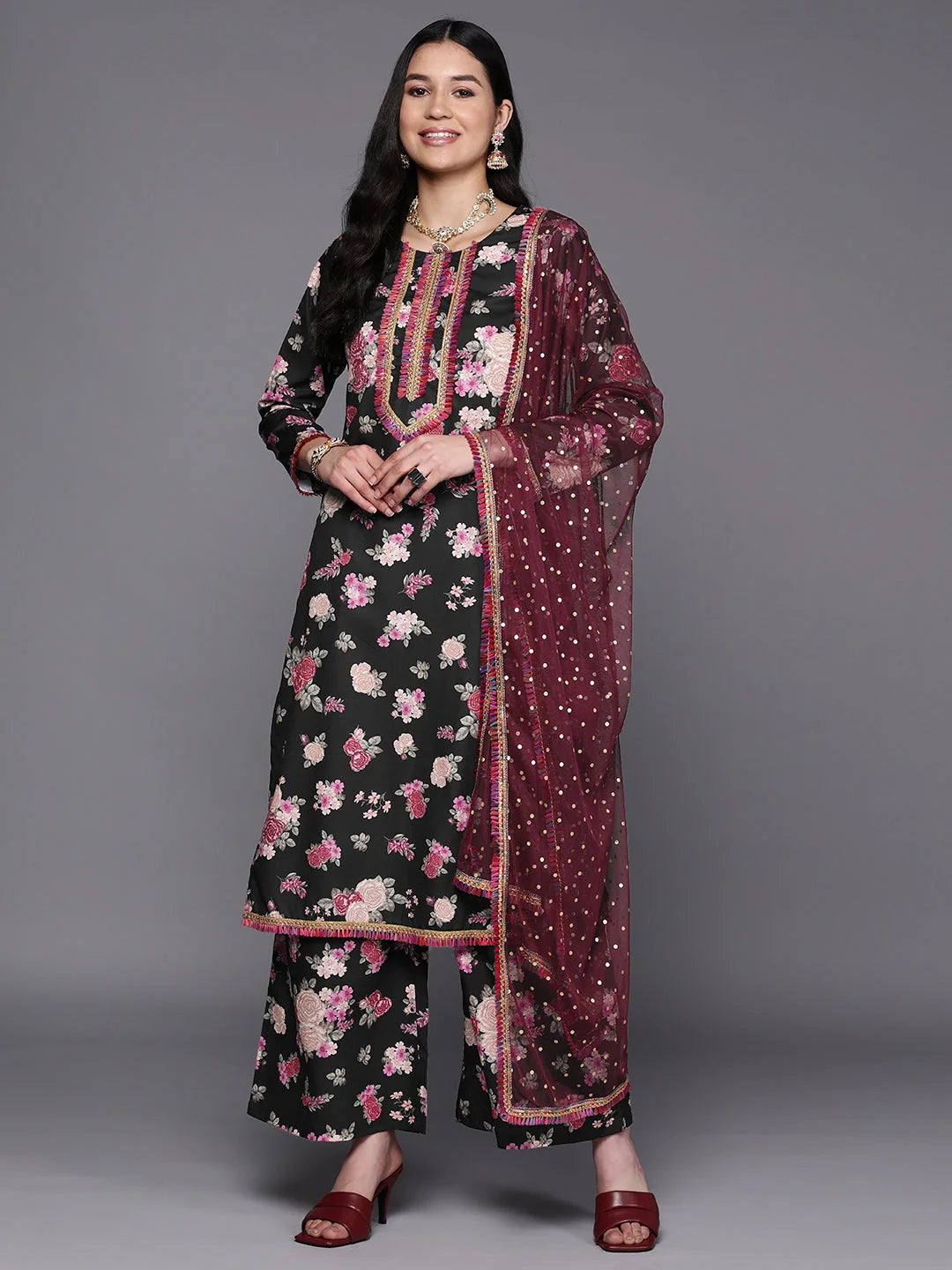 Black Floral Gotta Patti Kurta and Palazzo Set | Women's Fashion