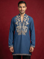 Men's Japanese Fabric Embroidered Kurta with Korean Pants Set ( 65KP PJ11B 5592Peacock ) [FF] [G-4]
