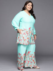 Turquoise Blue & Red Floral Printed Plus Size Tunic with Palazzos-AP-AHTUPZ-COMBO-751-ICH