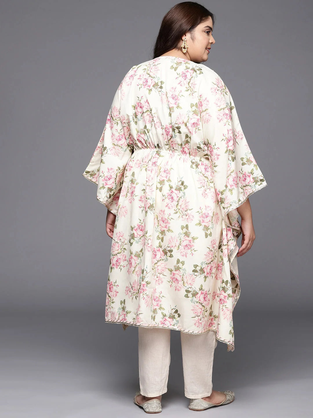 Off White Floral Kaftan Kurta - Plus Size Women's Dresses
