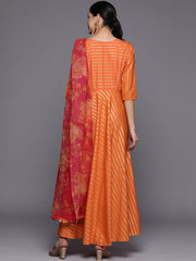 Orange Crepe Gold Print Dress-AHDRCRFP-958