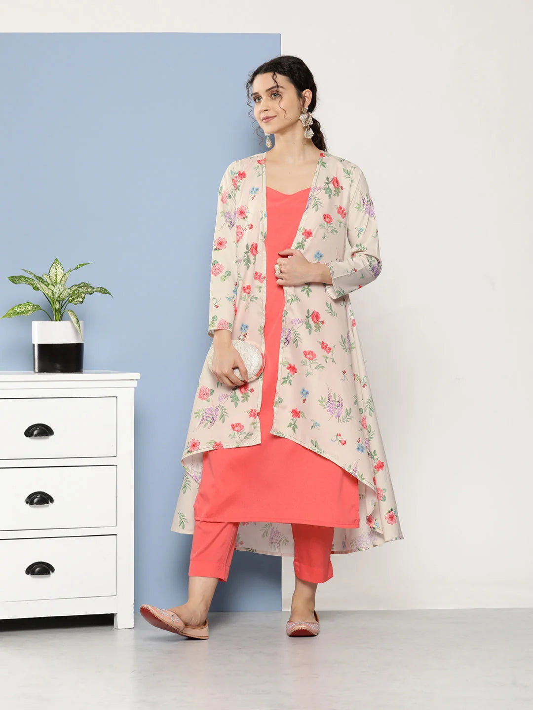 Pink Floral Kurta with Trousers - Women's Kurta Sets India