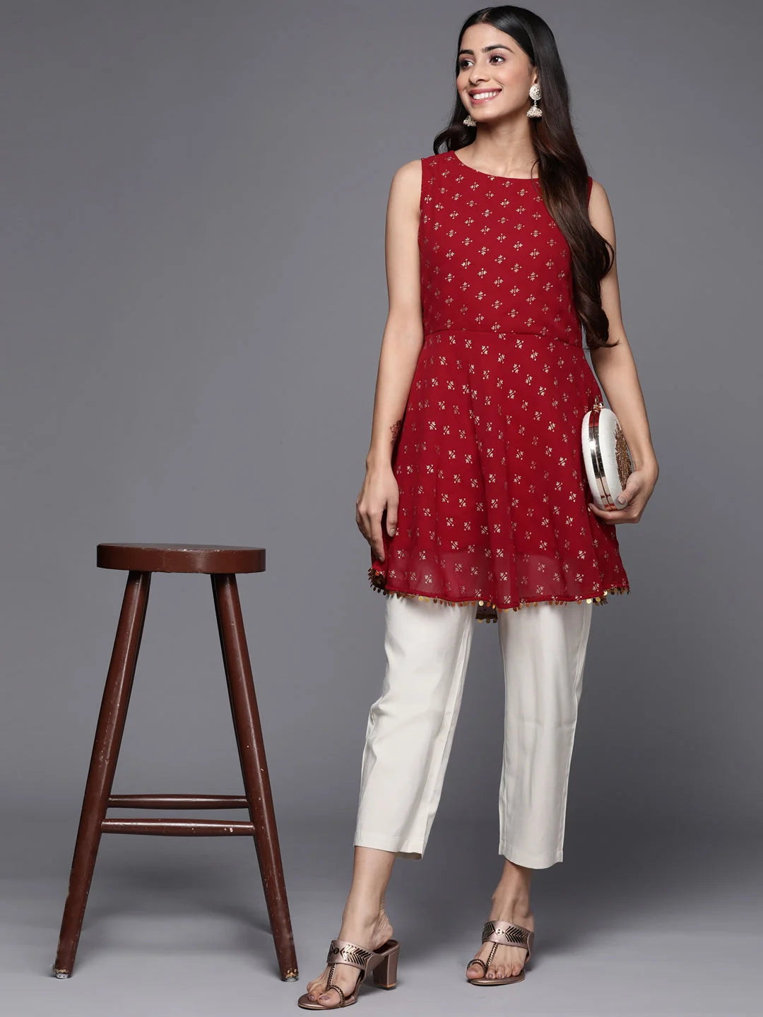 Red & Golden Printed Tunic Top - Indian Kurta Ladies Online
