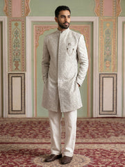 Men's Silk Blend Embroidered Indo-Western Set ( 50JIND 235Beige )