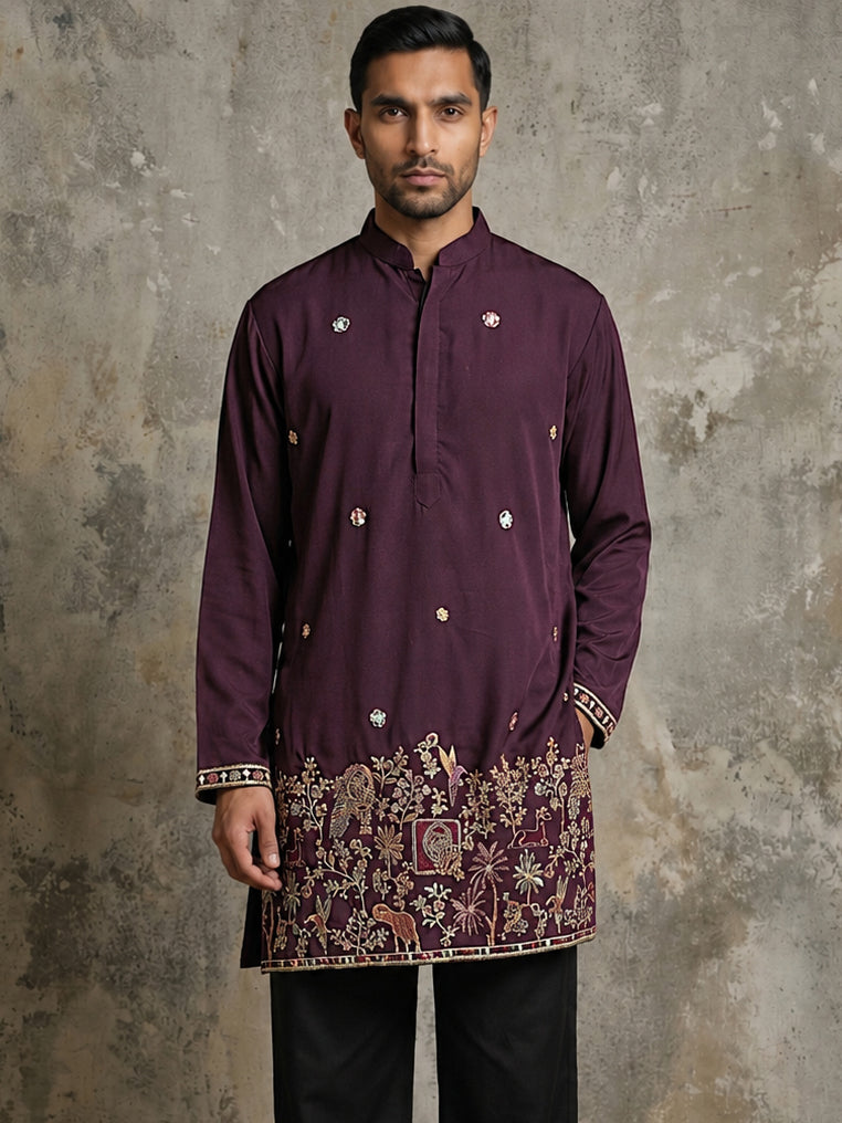 DesiQlo Men Embroidered Kurta Only - Purple - 65KO_5597Purple_S