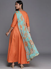Orange Gold & Green Plus Size Maxi Ethnic Dress-AP-AHKUCRFP-872
