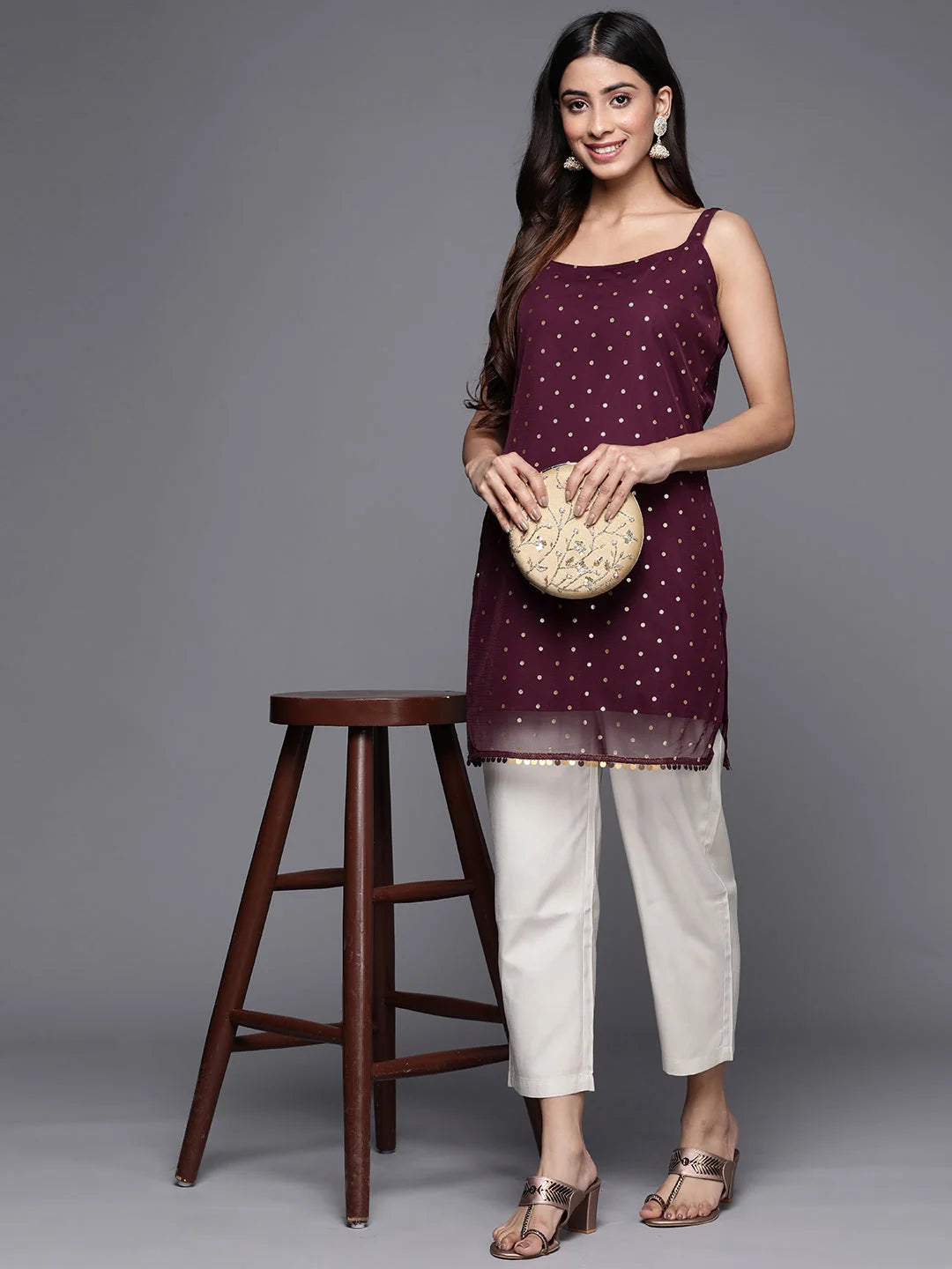Burgundy Polka Dot Tunic Top - Trendy Indian Kurtis for Women