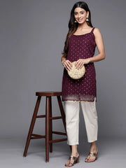 Burgundy Polka Dots Printed Net Tunic With Lace Inserts-AHTUNTFP-8127