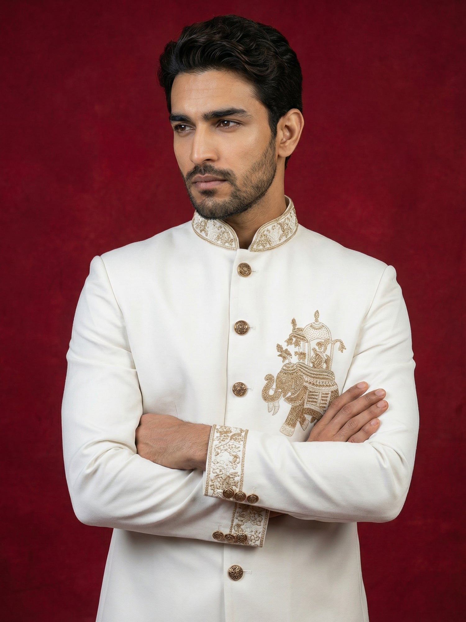 DesiQlo Men Embroidered Indo Western Set - White - 50JIND_156White_S