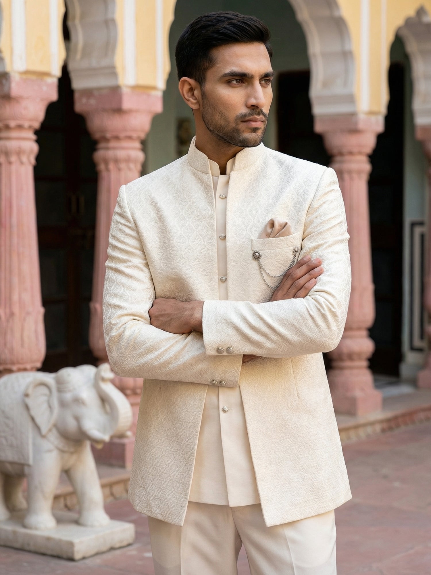 DesiQlo Men Self Design Indo Western Set - Beige - 50JIND_155Cream_S