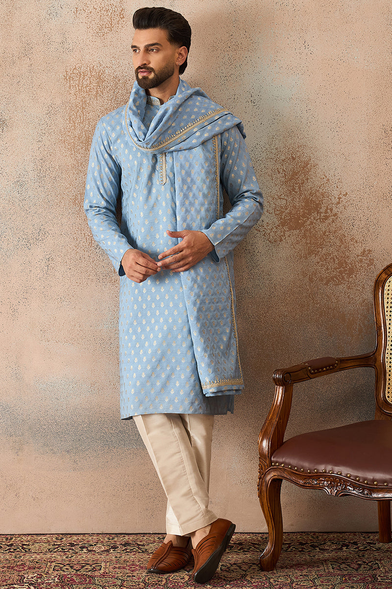 Blue Jacquard Woven Design Floral Straight Kurta Sets MKPD1019