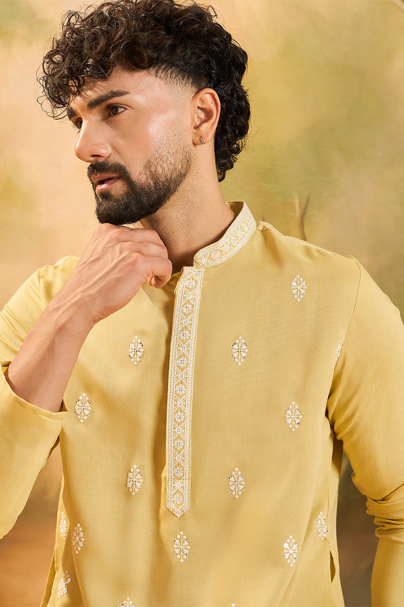 Yellow Silk Blend Solid Embroidered Straight Kurta MKU1434