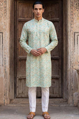 Green Cotton Blend Chevron Embroidered Kurta MKU2068