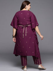 Burgundy & Gold Printed Plus Size Kaftan Kurta with Trousers-AP-AHKFPNBL-COMBO-344