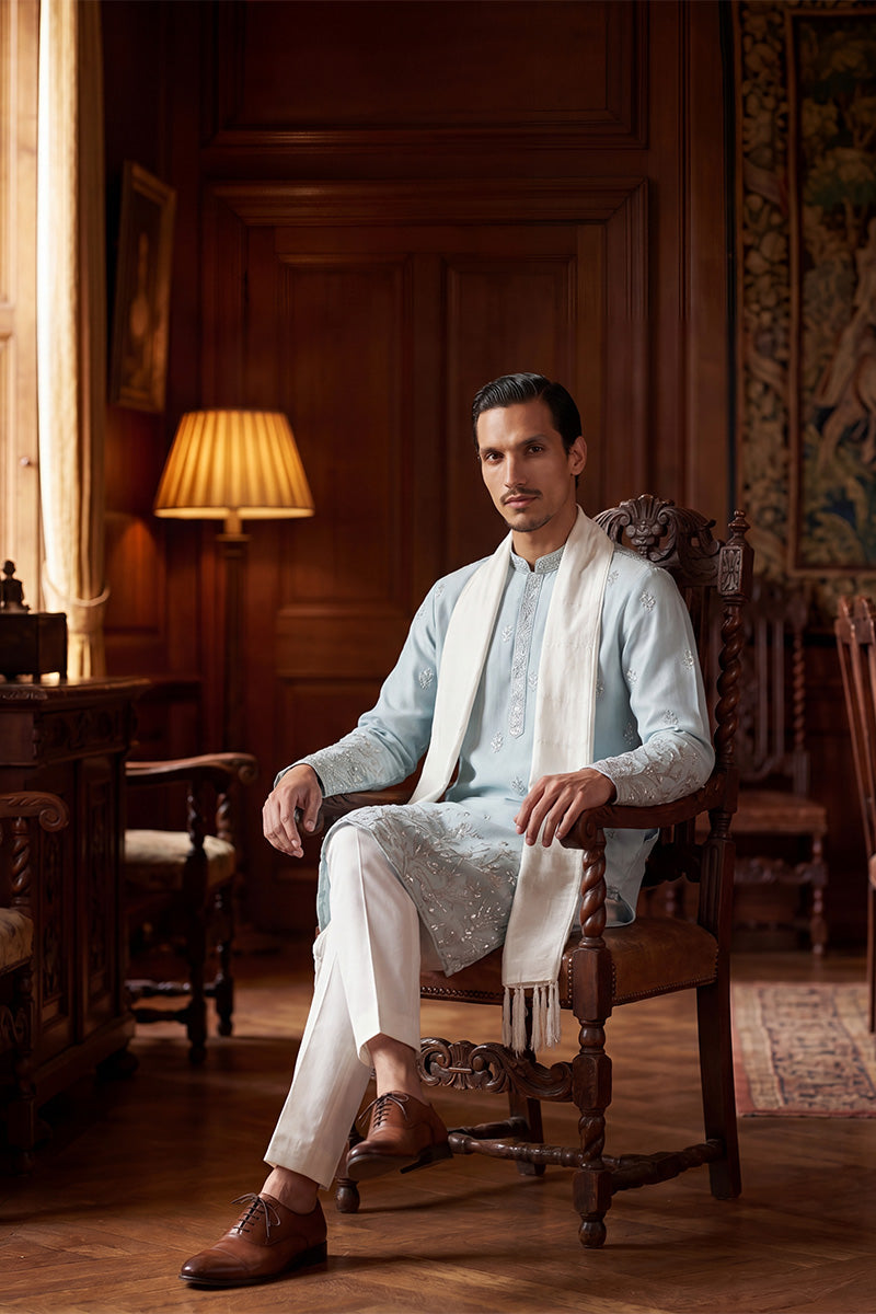 Blue Silk Blend Solid Embroidered Straight Kurta Sets MKUD1785