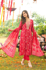 Red Viscose Rayon Floral Embroidered Straight Kurta Trousers With Dupatta PKSKD3056