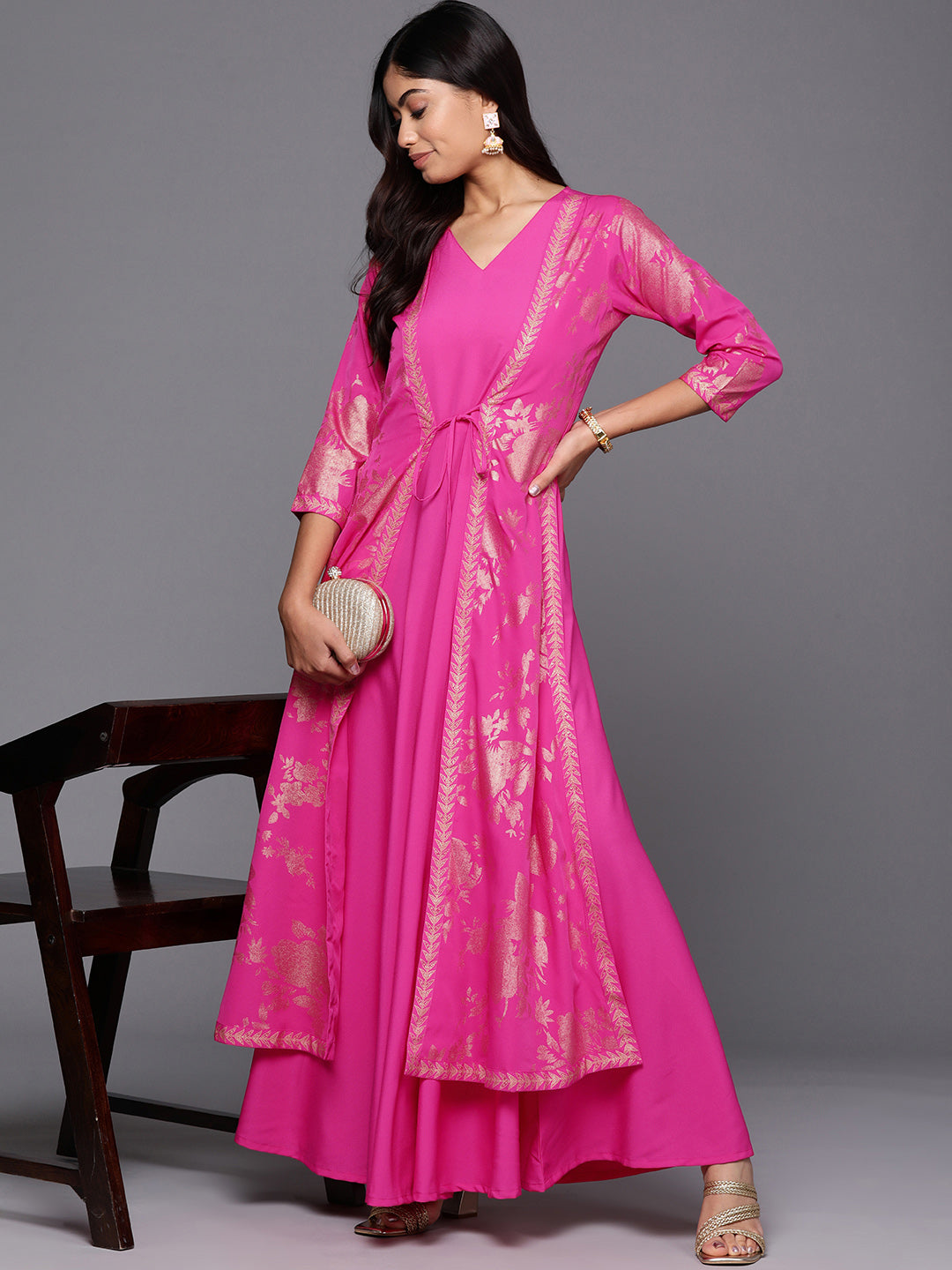 Pink & Gold Floral A-Line Maxi Dress | Indian Dresses Online