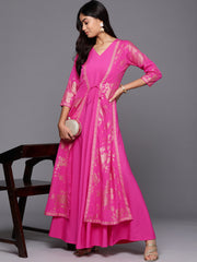 Pink & Gold Floral Print Layered A-Line Maxi Dress-AHEDCRSM-222