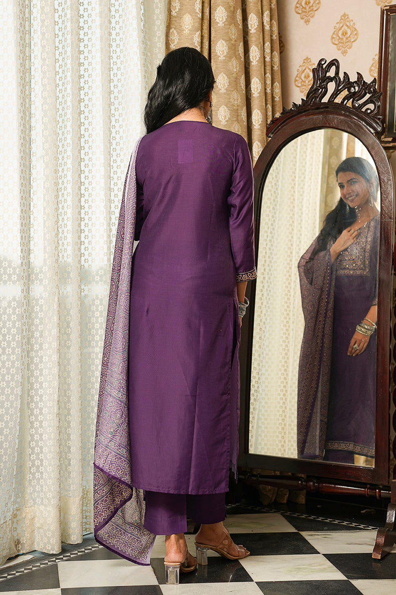 Purple Rayon Blend Ajrakh Printed Straight Kurta Trousers With Dupatta PKSKD3067