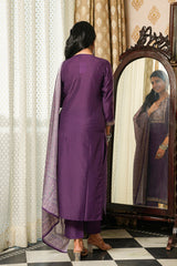 Purple Cotton Blend Ajrakh Printed Straight Kurta Trousers With Dupatta PKSKD3067