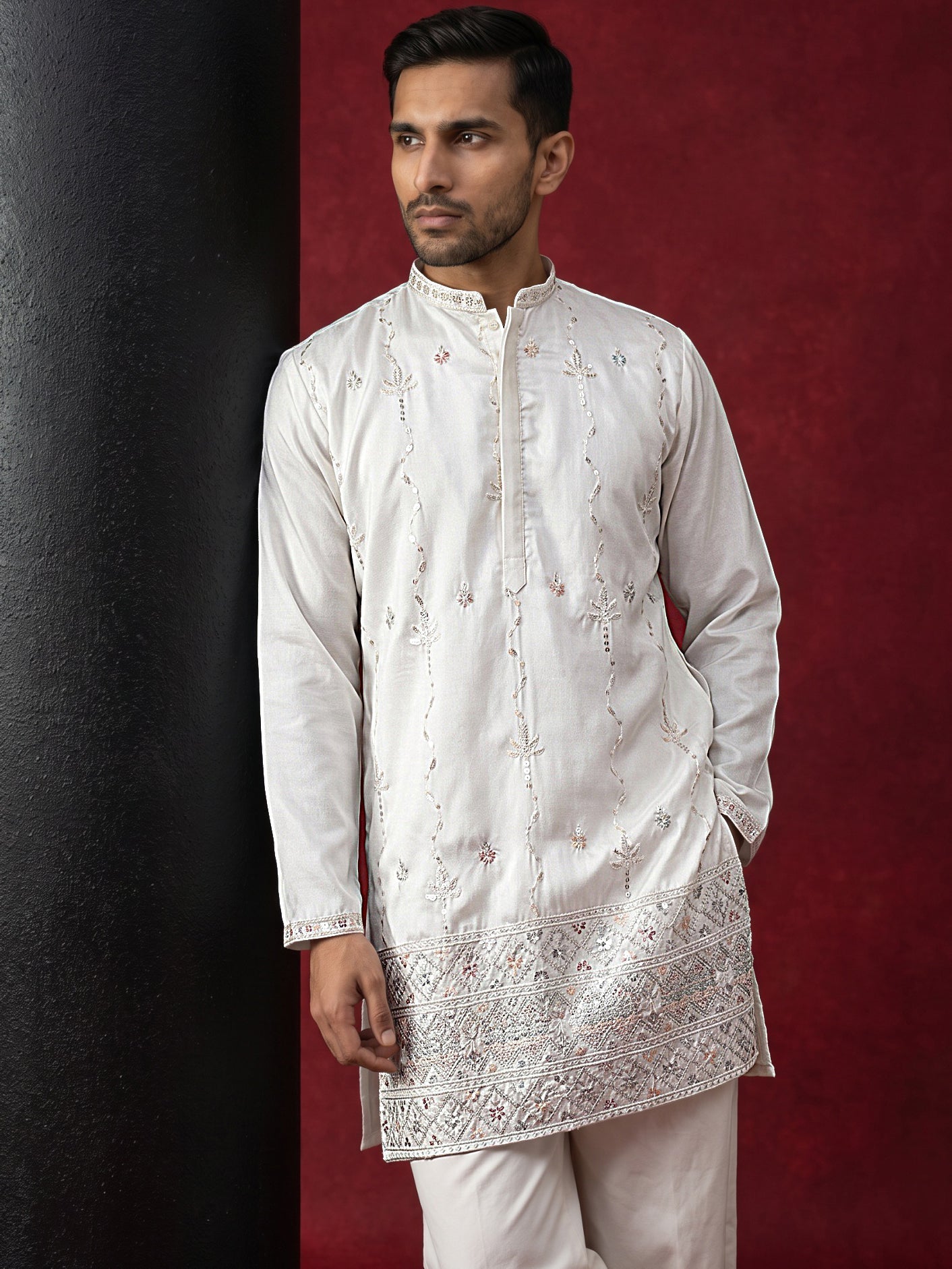 DesiQlo Men Embroidered Kurta Pyjama Set - White - 65KP_PJ11W_5595Whit