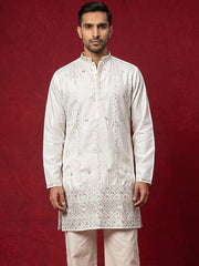 Men's Silk Blend Embroidered Kurta ( 65KO 5595White ) [FF] [G-4]