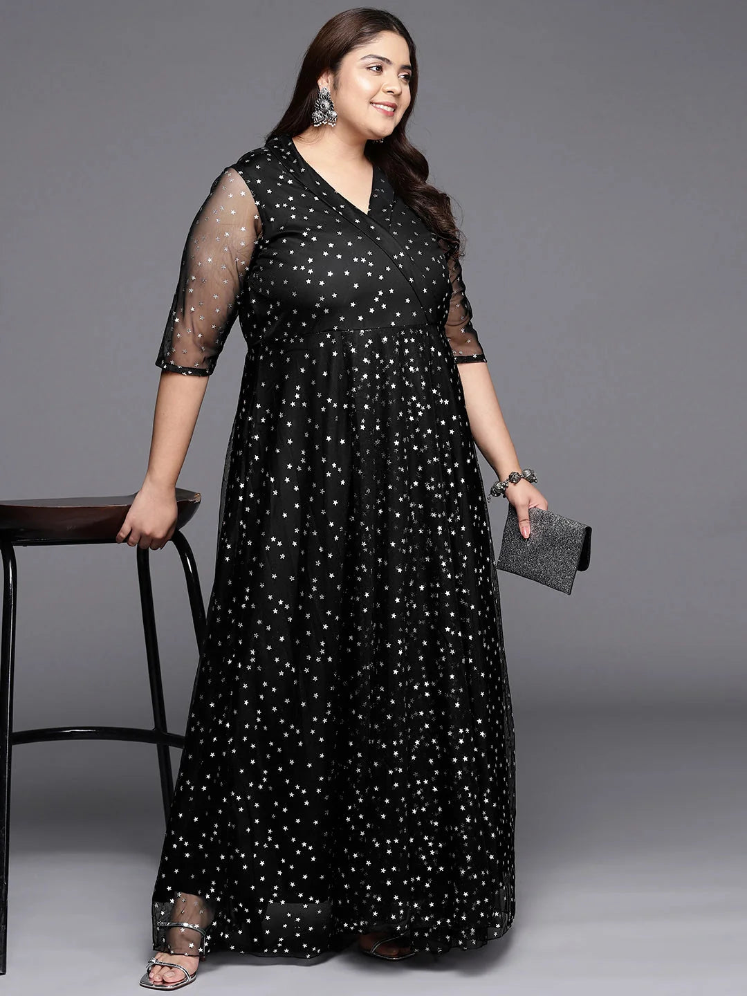 Black & Silver Printed Maxi Dress - Indian Dresses Online