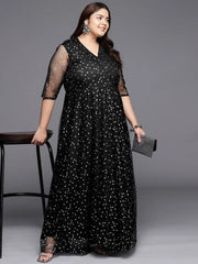 Black & Silver Plus Size Printed Maxi Ethnic Dress-AP-AHKUNTFPDS-829