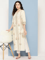 Off White Floral Printed Pure Cotton Kurta-AHKUCOKHGL-998