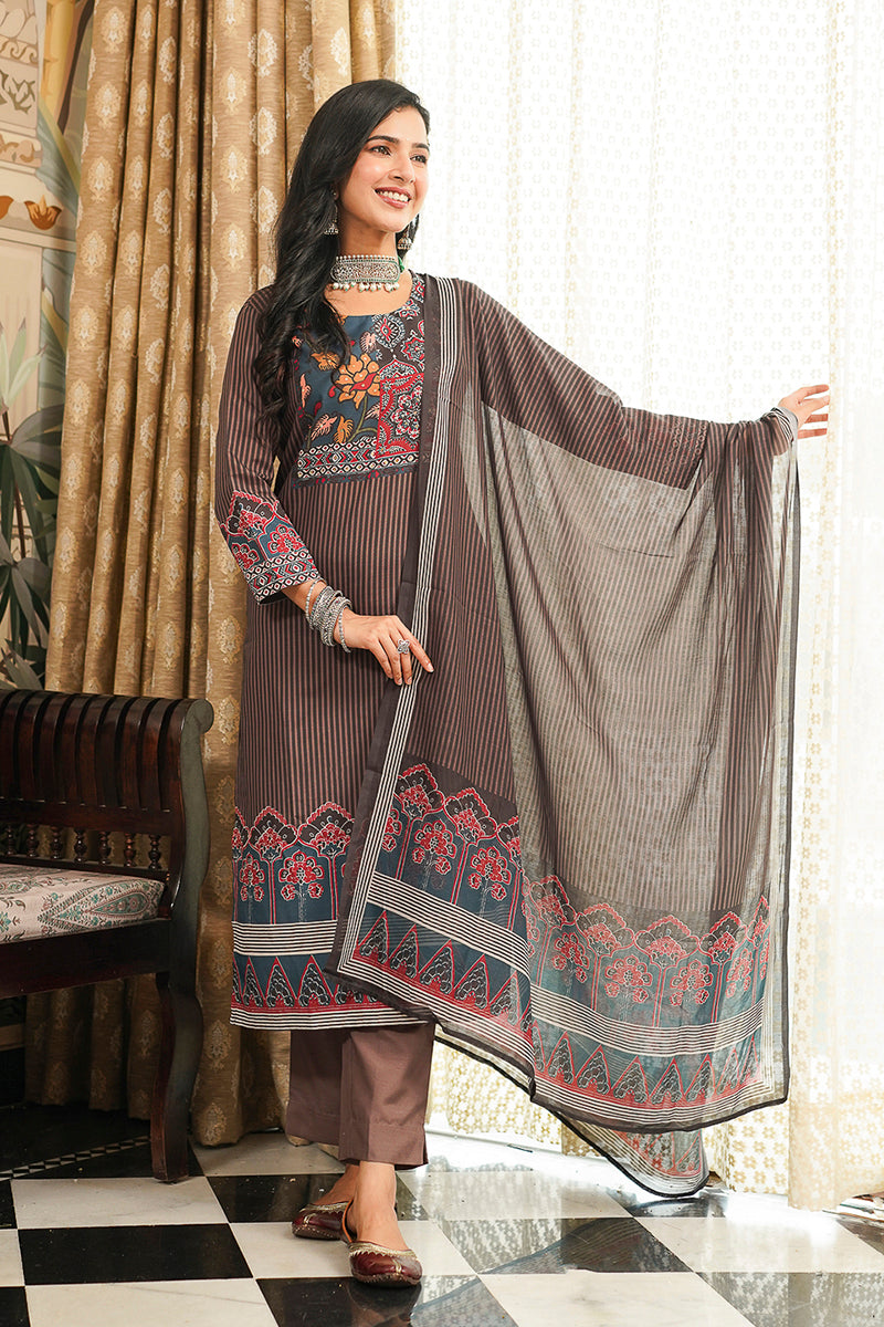 Brown Rayon Blend Ethnic Motifs Printed Straight Kurta Trousers With Dupatta PKSKD3072