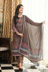 Brown Cotton Blend Ethnic Motifs Printed Straight Kurta Trousers With Dupatta PKSKD3072