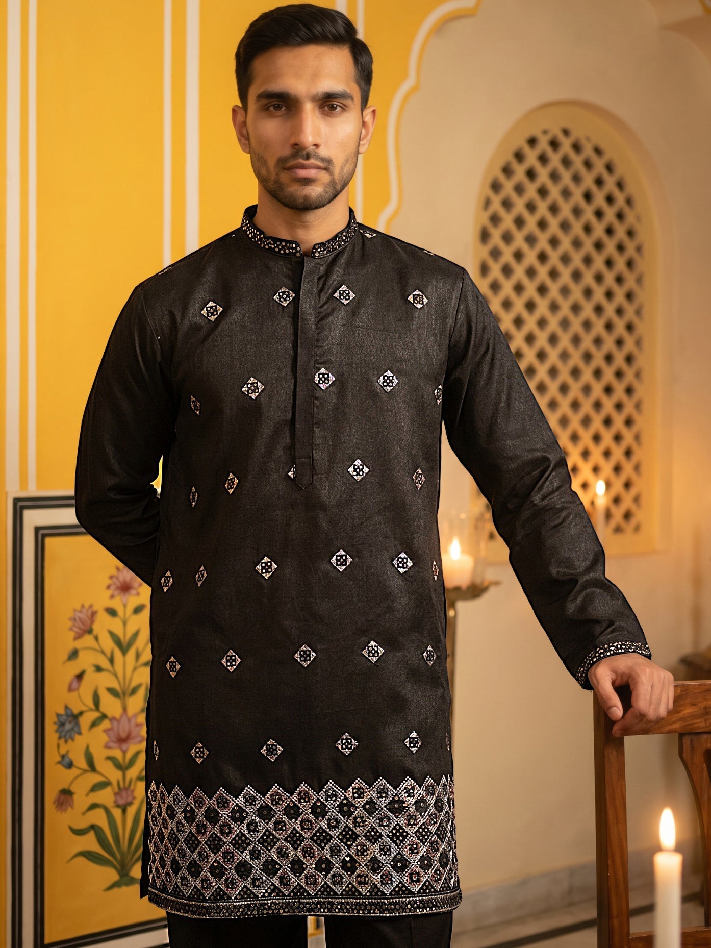 DesiQlo Men Embroidered Kurta Pyjama Set - Black - 65KP_PJ11B_5598Blac