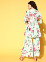 Women's Sea Green Floral Printed Pleated Sharara Set-AHTUSH-COMBO-581
