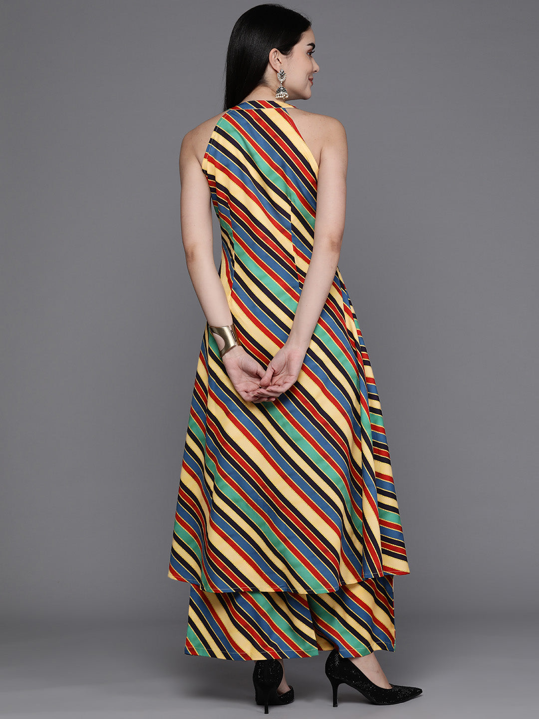 Striped Kurta Palazzo Set for Women | High Slit Design