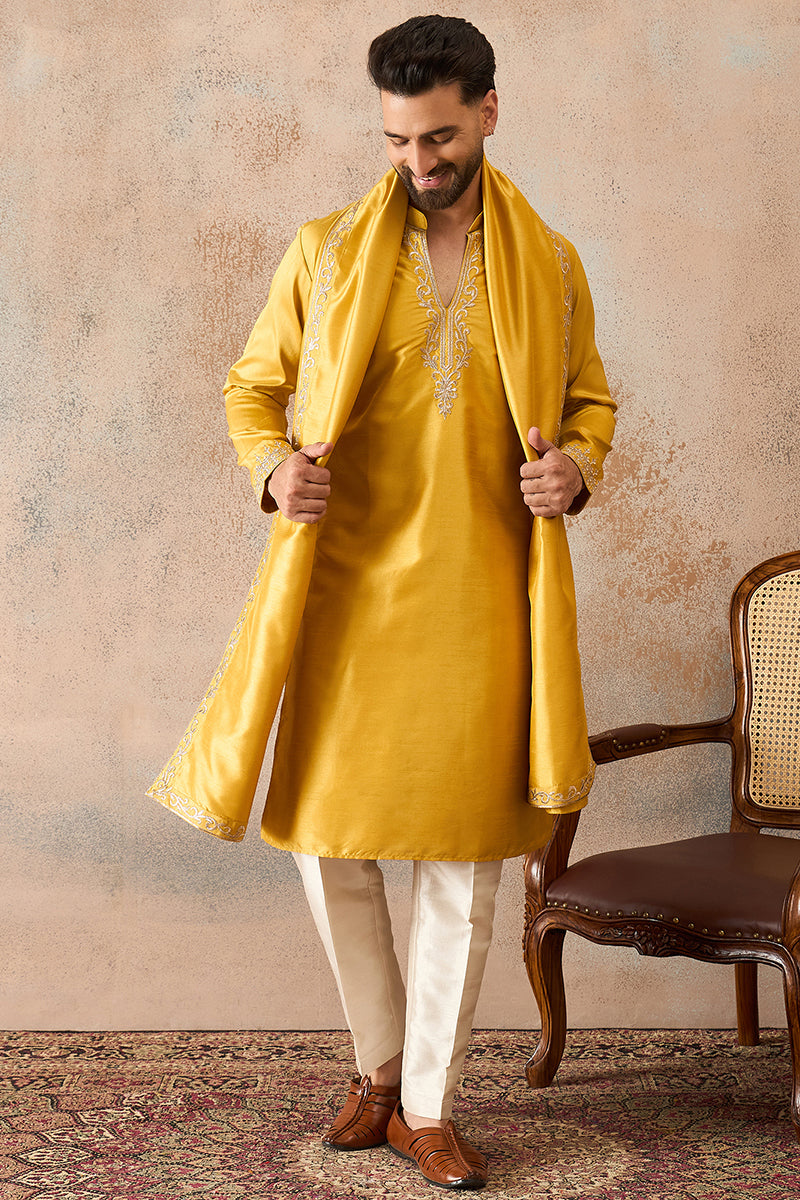 Yellow Silk Blend Solid Embroidered Kurta & Trouser With Dupatta MKPD1022