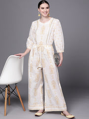 Off White Printed Pure Cotton Jumpsuit with Waist Tie-ups-AHJSCOPG-972-FF