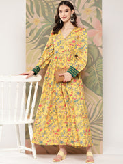 Yellow Floral Printed Tie-Ups Empire Ethnic Dress-AHEDCRDP-157-ICH