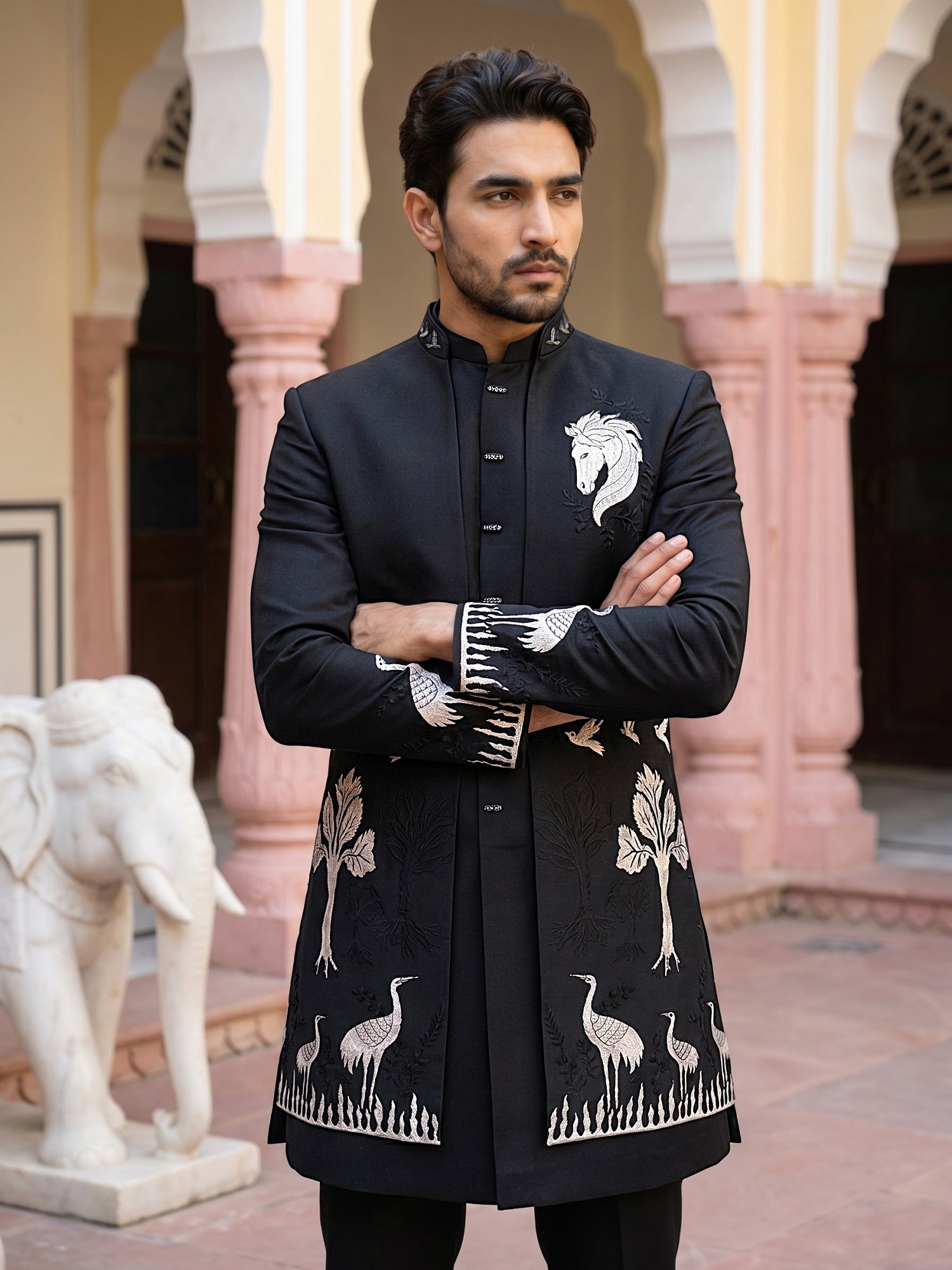 DesiQlo Men Embroidered Indo Western Set - Black - 50JIND_225Black_S