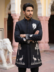 Silk Blend Horse & Crane Embroidered Indo-Western Set ( 50JIND 225Black )