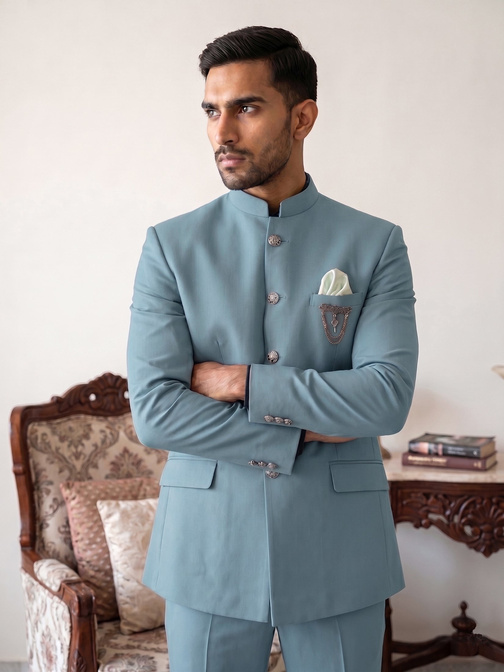 DesiQlo Men Solid Indo Western Set - Blue - 50JIND_210Sky_S
