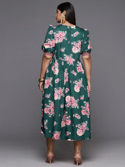 Green & Pink Plus Size Floral Printed A-Line Midi Dress-AP-AHEDCRDP-204-ICH